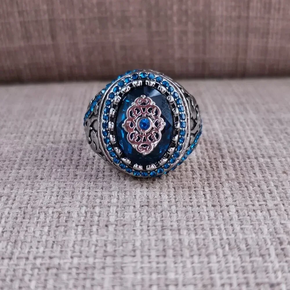 Men Ring Blue Crystals Accent Turkish Style Ring Fashion Jewelry Size