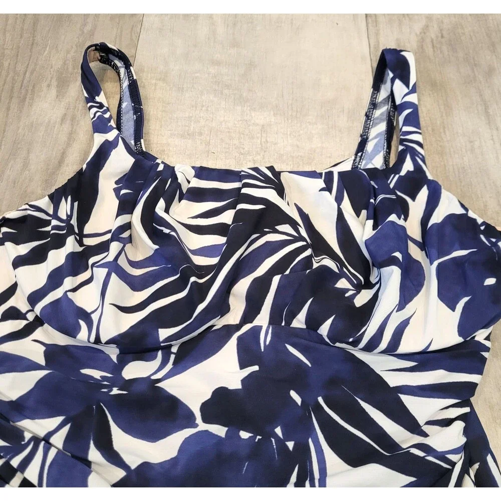 Lands End OnePiece Swimsuit 16 Long Blue White Underwire Ruched Tummy Twist Back