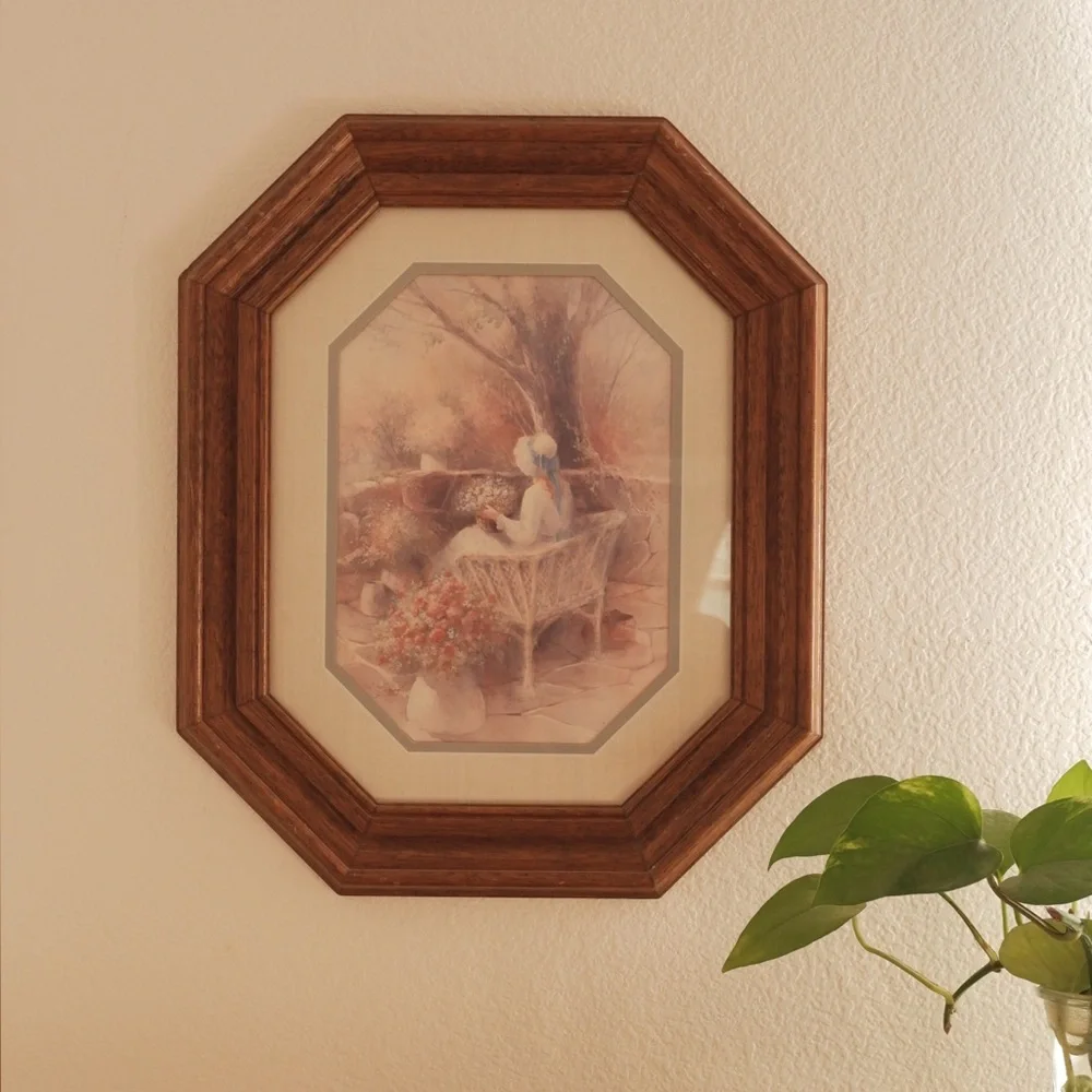 Vintage HOMCO Girl in a Bonnet on Wicker Bench‎ Framed Wall Art 14” x 17” Decor