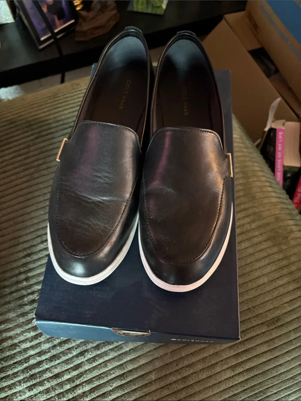 Cole Haan Black Leather Slip-On Loafers with White Sole