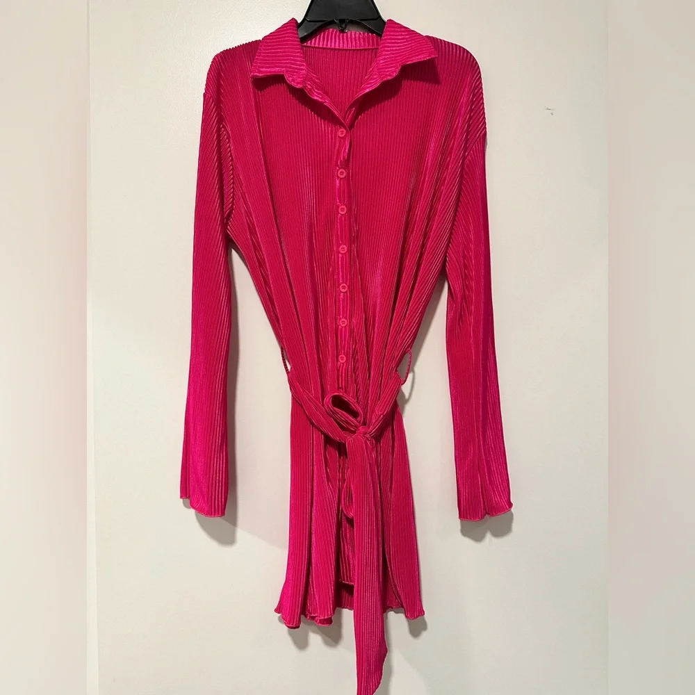 Vibrant Pink V Collar Button-Up Long Sleeve Dress